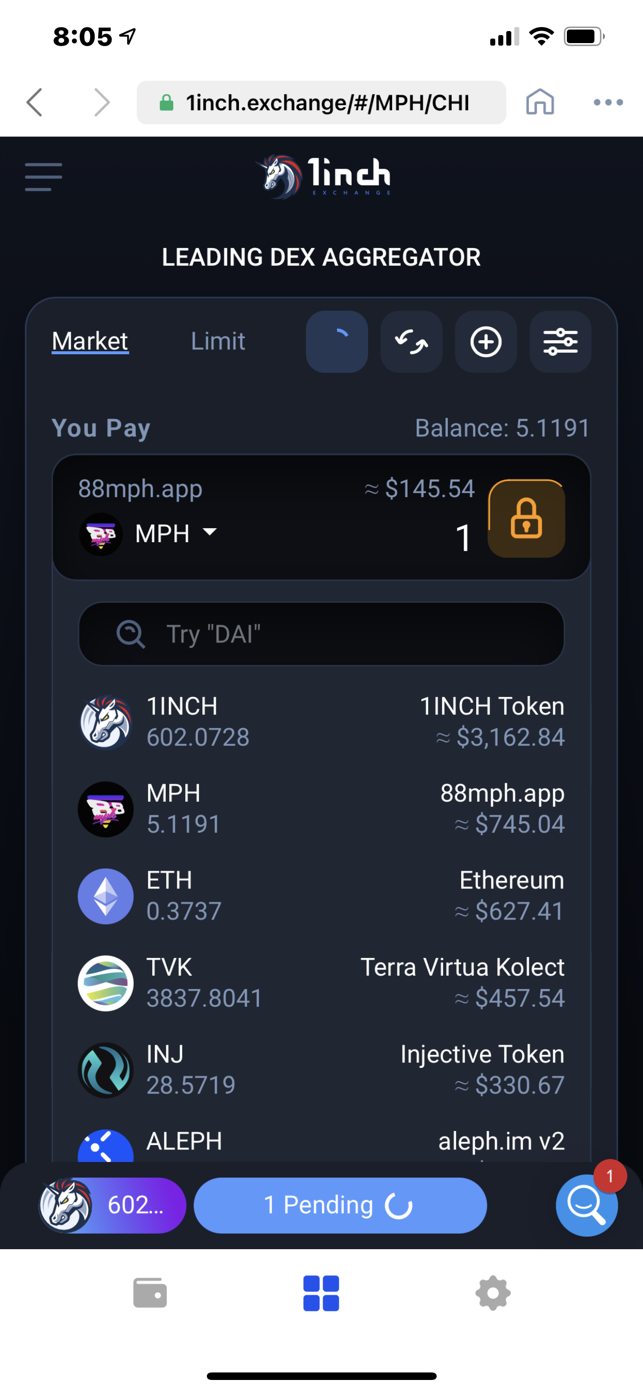 1 inch showing 602 tokens